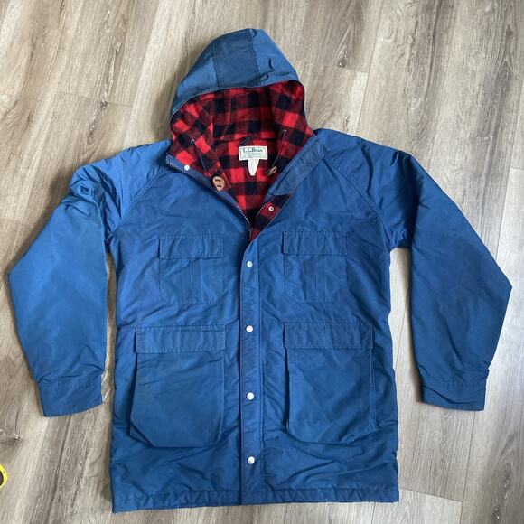 LL Bean Baxter State Parka Jacket Men L Blue Red Buffalo Plaid Wool Lined VTG - Picture 1 of 16